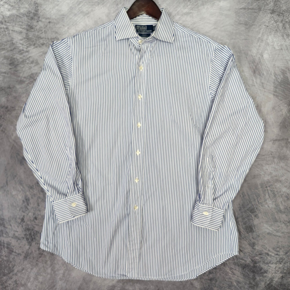 Vintage 90s Polo Ralph Lauren Regent Shirt 16.5 32/33 XL Blue White Striped